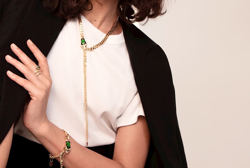 Collana Snake in bronzo dorato con serpente in smalto verde e nero Unoaerre