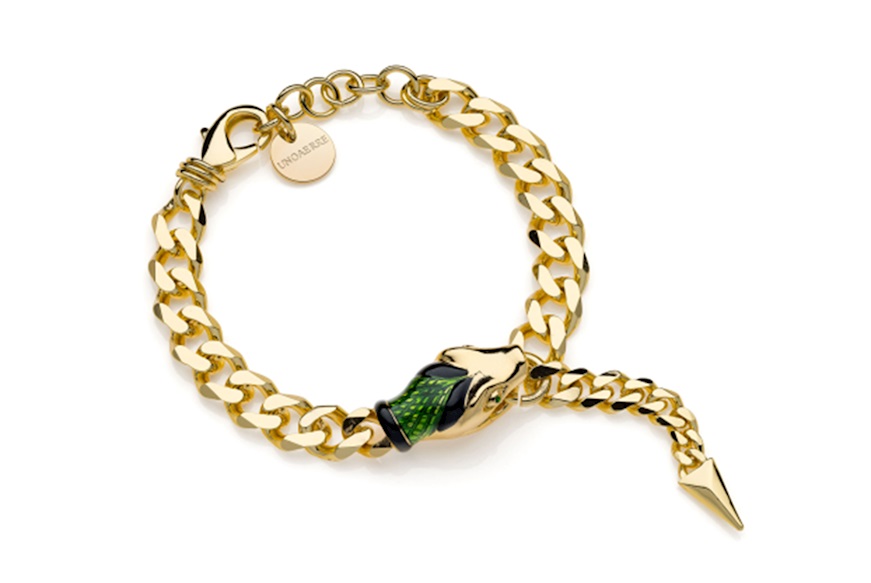 Bracciale Snake in bronzo dorato con serpente in smalto verde e nero Unoaerre